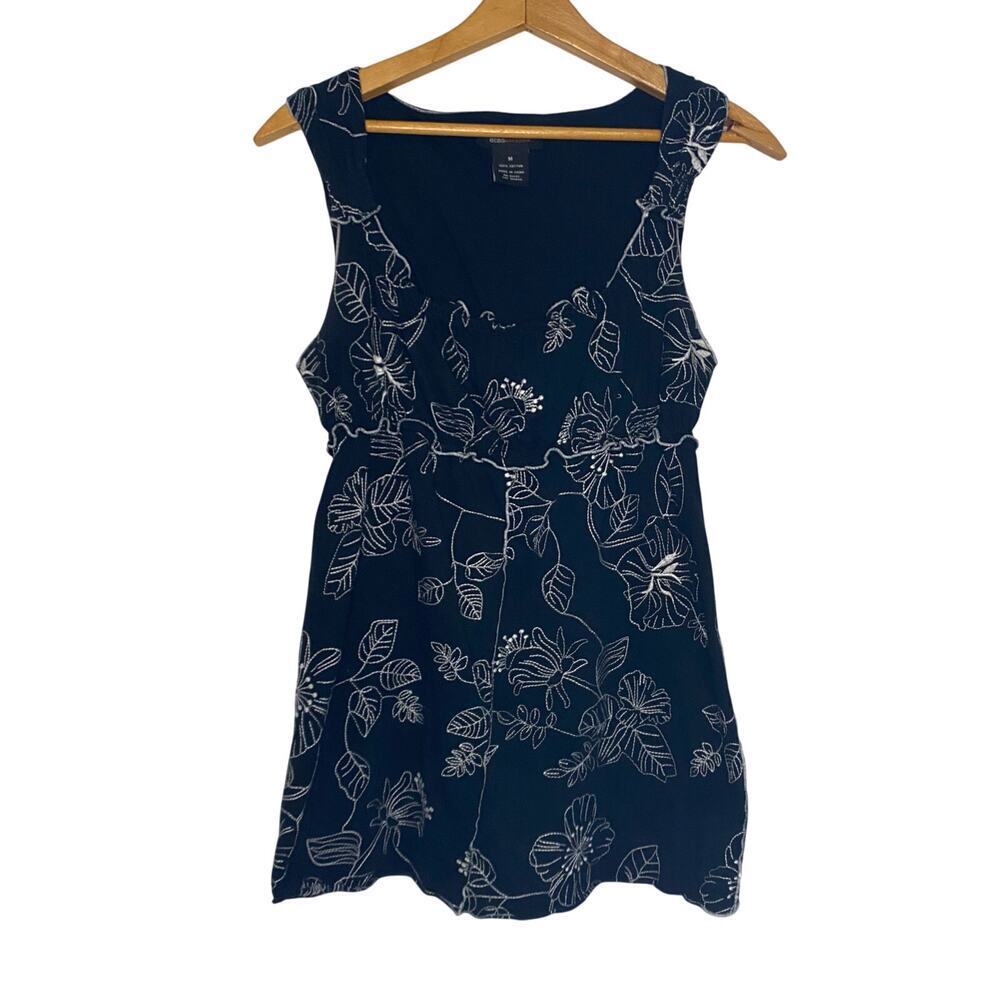 BCBG Max Azria Black White Floral Long Tank Top Tunic Babydoll Whimsi 90s Y2K